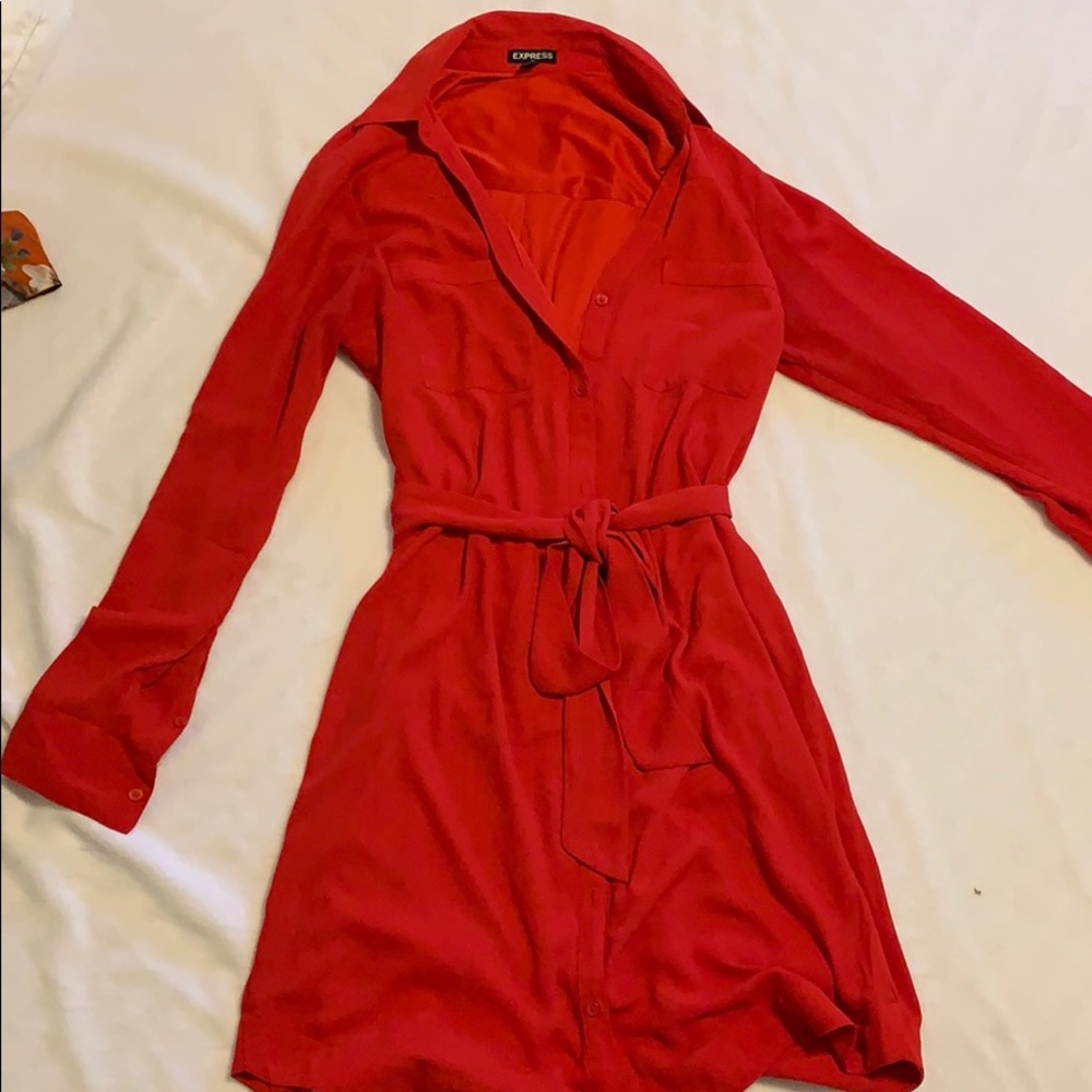 Express Tie Waist Long Sleeve Shirt Dress- Red